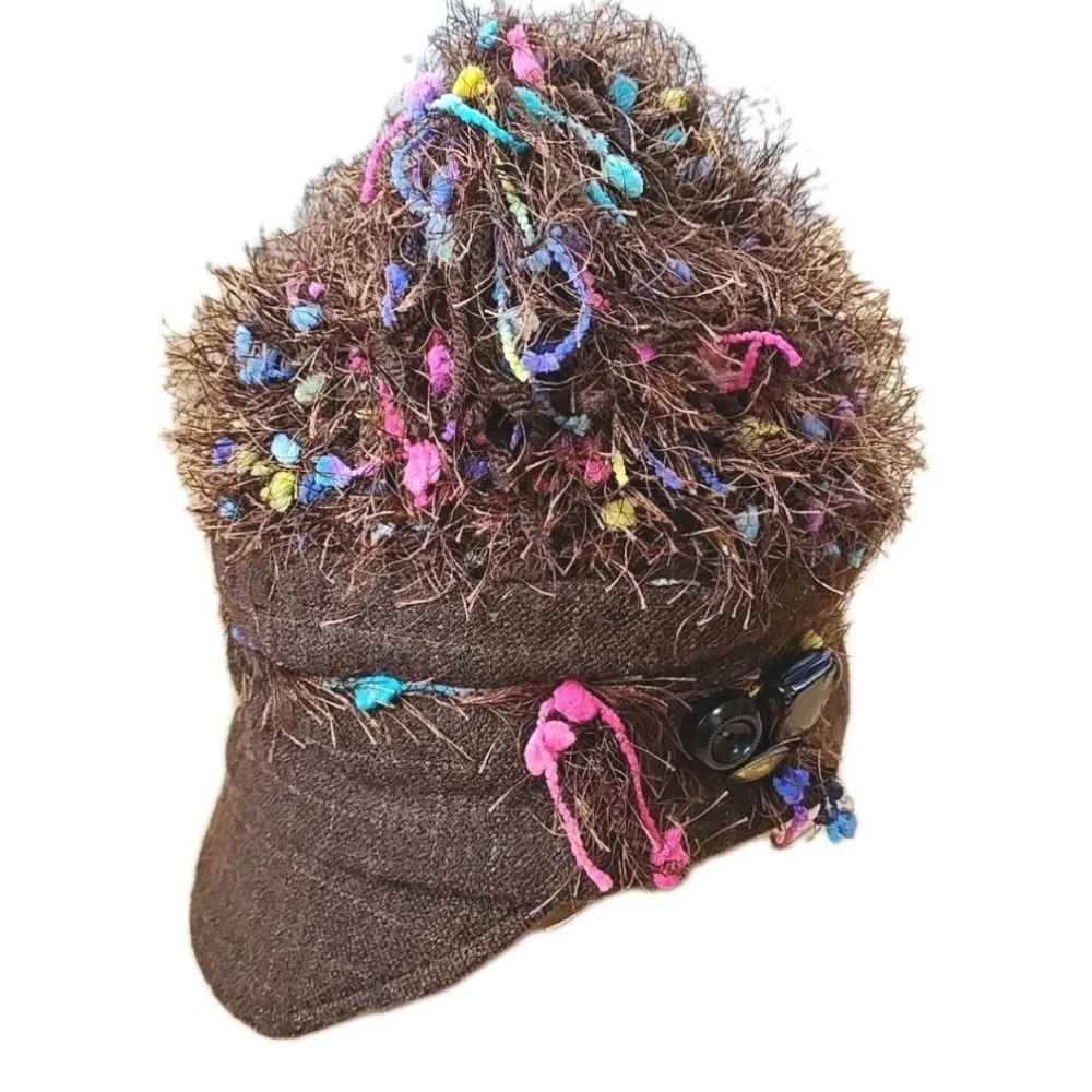 Sue Gallion Y2k Fairy Artsy Boho Brown Frilly Rainbow Confetti Beanie Hat Cap